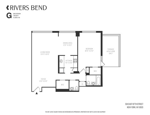 A floor plan for a one bedroom apartment at Rivers Bend.
